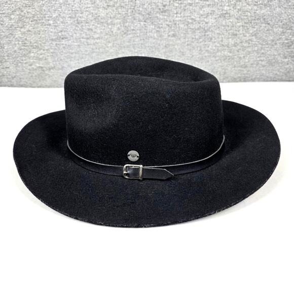 ROXY WOMEN'S BLACK WOOL FEDORA HAT – WIDE BRIM, LEATHER BUCKLE BAND, ONE SIZE - Picture 2 of 8